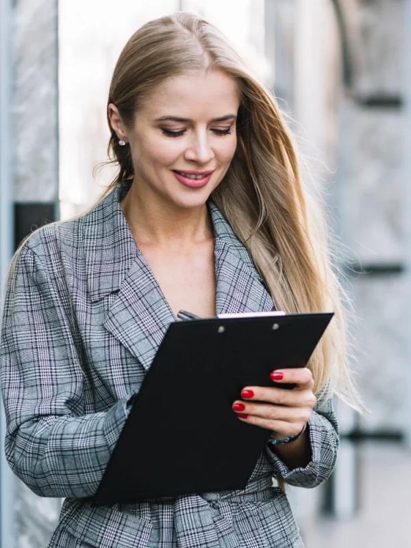 stylish-businesswoman-with-clipboard-city